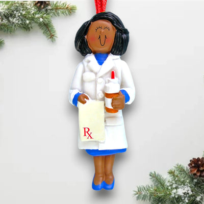 Personalized African American Female Pharmacist Christmas Ornament – Custom Name and Year Resin Ornament