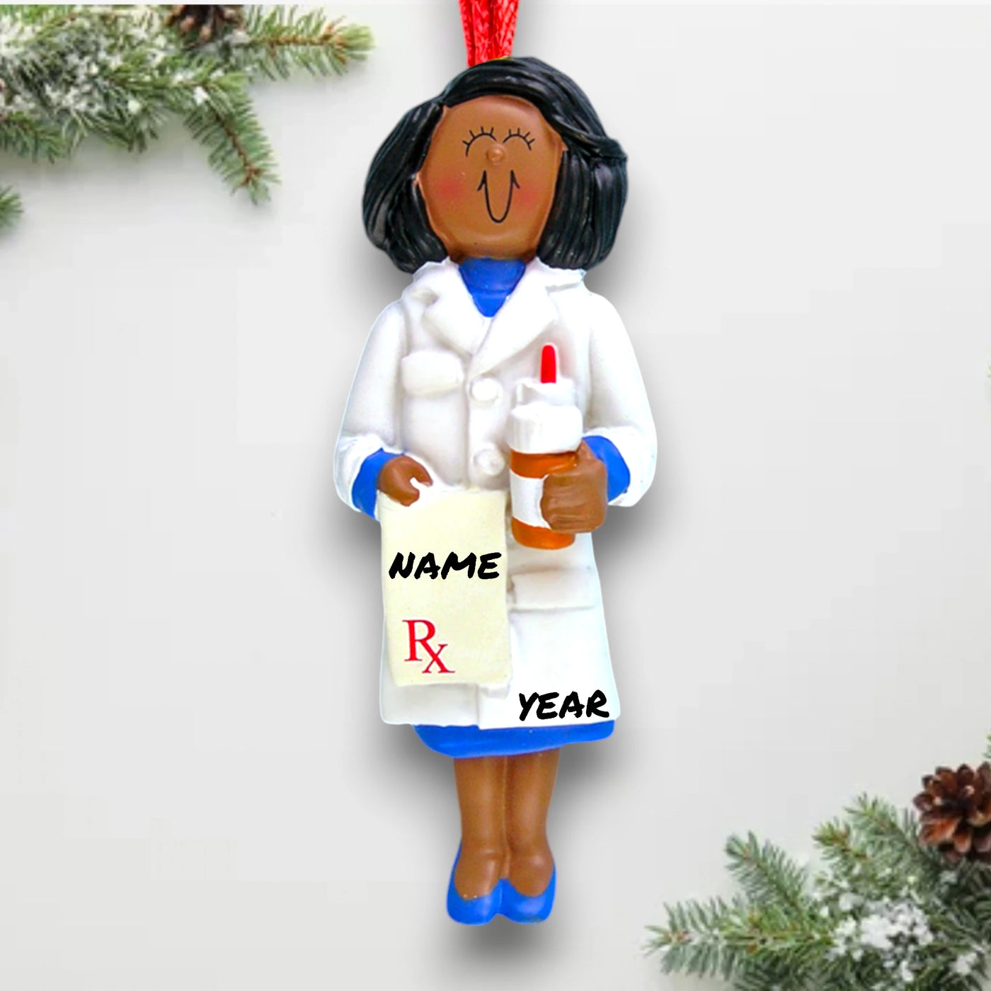 Personalized African American Female Pharmacist Christmas Ornament – Custom Name and Year Resin Ornament