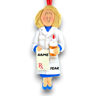 Personalized Blonde Female Pharmacist Christmas Ornament with Prescription Bottle and Pad – Custom Name and Year Resin Ornament