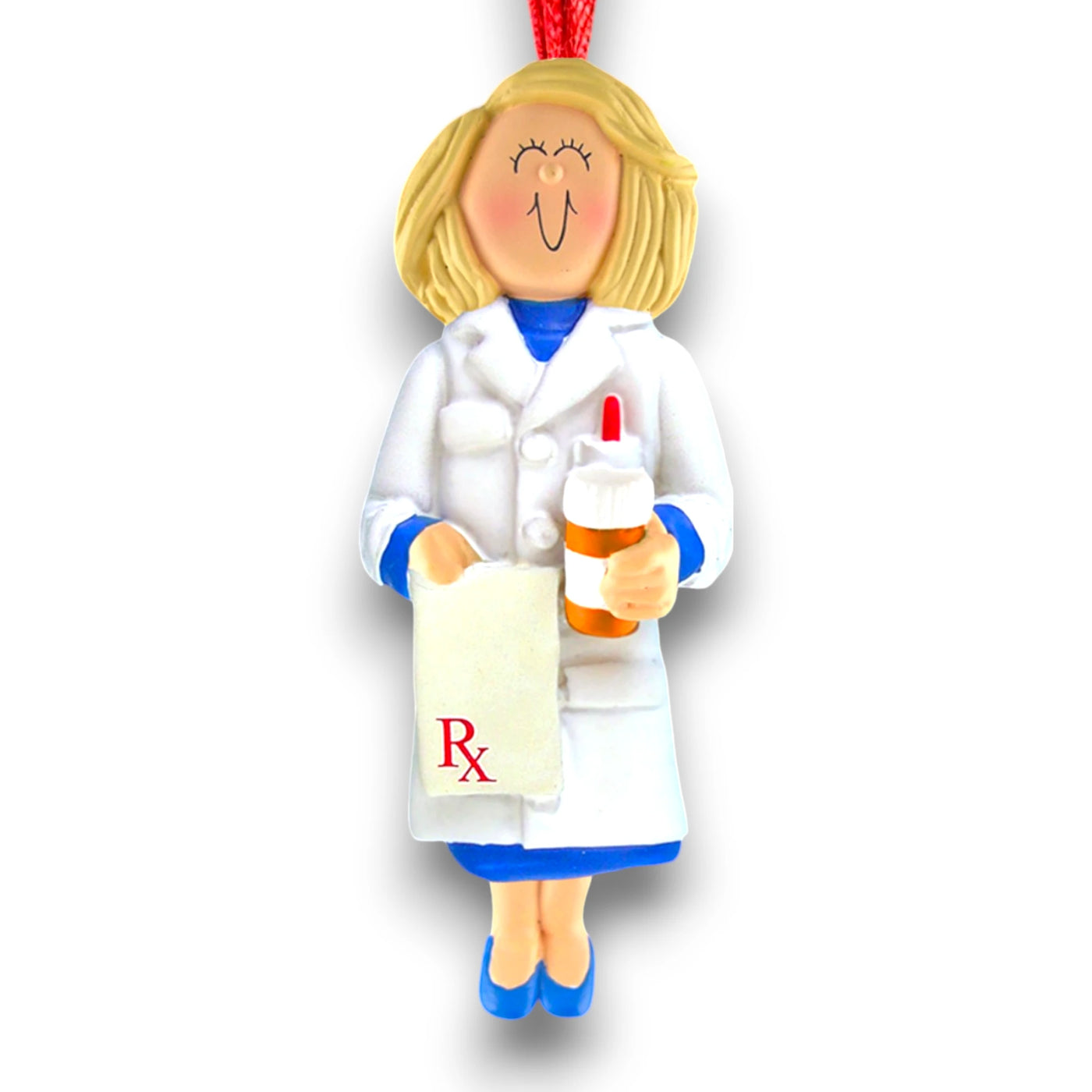 Personalized Blonde Female Pharmacist Christmas Ornament with Prescription Bottle and Pad – Custom Name and Year Resin Ornament