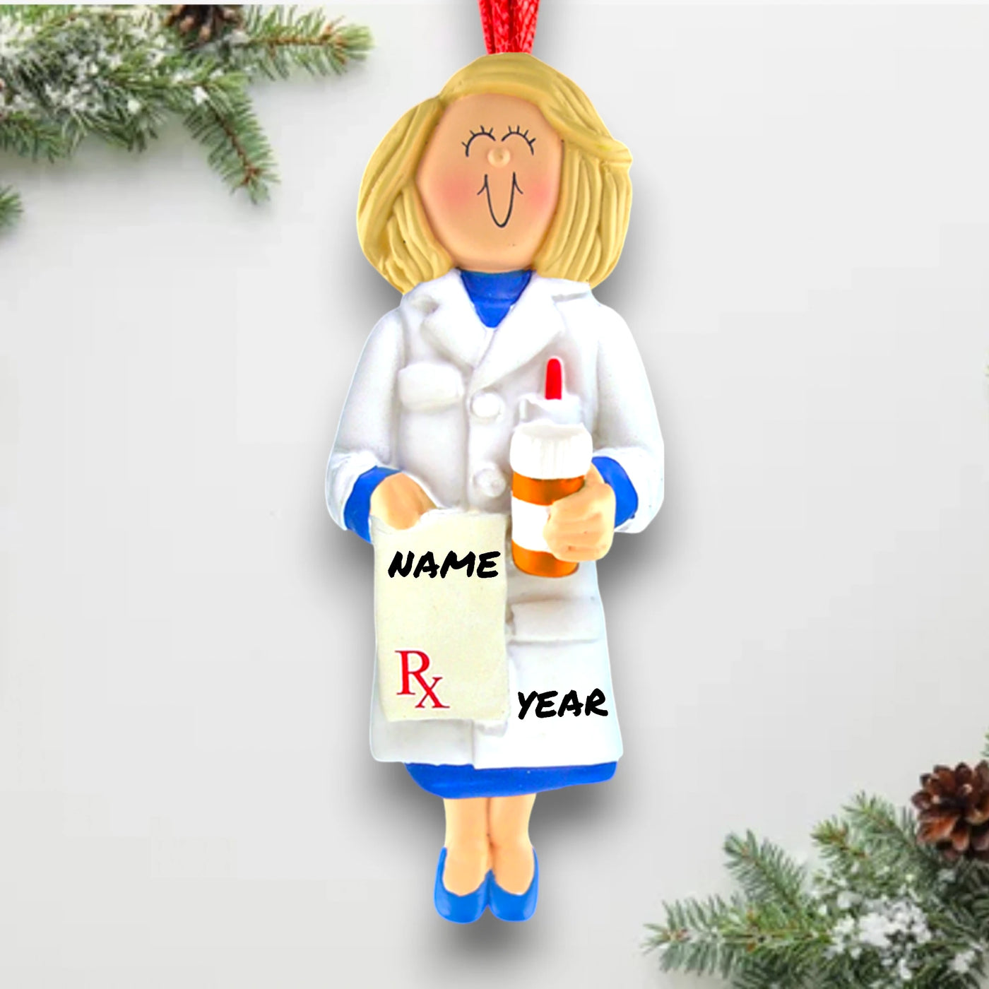 Personalized Blonde Female Pharmacist Christmas Ornament with Prescription Bottle and Pad – Custom Name and Year Resin Ornament