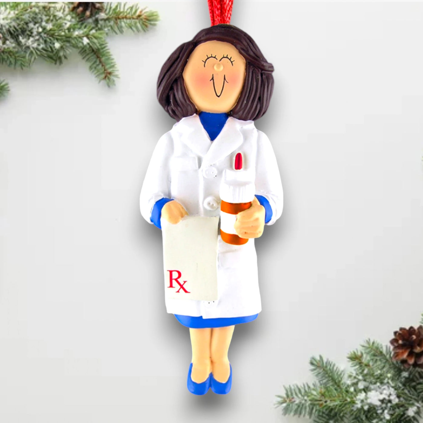 Personalized Female Brown Pharmacist Christmas Ornament with RX Pad – Custom Name and Year Resin Ornament