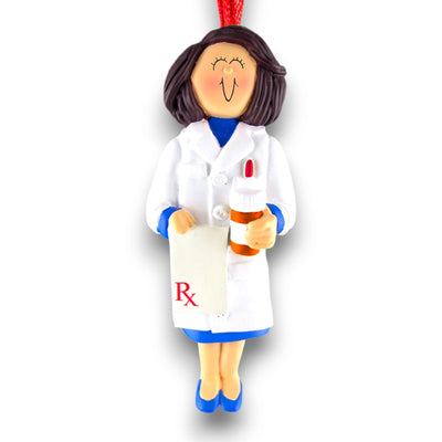 Personalized Female Brown Pharmacist Christmas Ornament with RX Pad – Custom Name and Year Resin Ornament