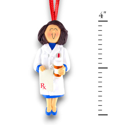 Personalized Female Brown Pharmacist Christmas Ornament with RX Pad – Custom Name and Year Resin Ornament