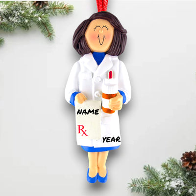 Personalized Female Brown Pharmacist Christmas Ornament with RX Pad – Custom Name and Year Resin Ornament