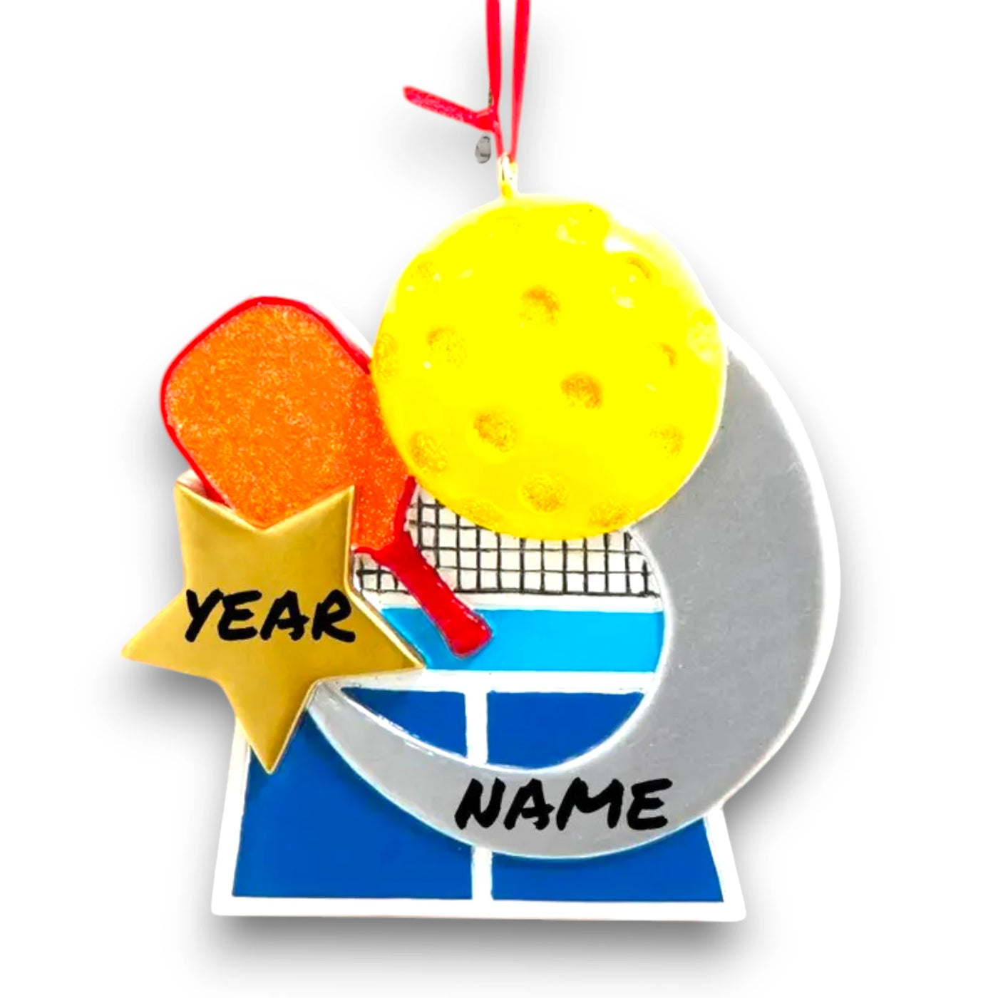 Personalized pickleball ornament featuring a paddle, yellow ball, and court graphic with customizable space for name and year.
