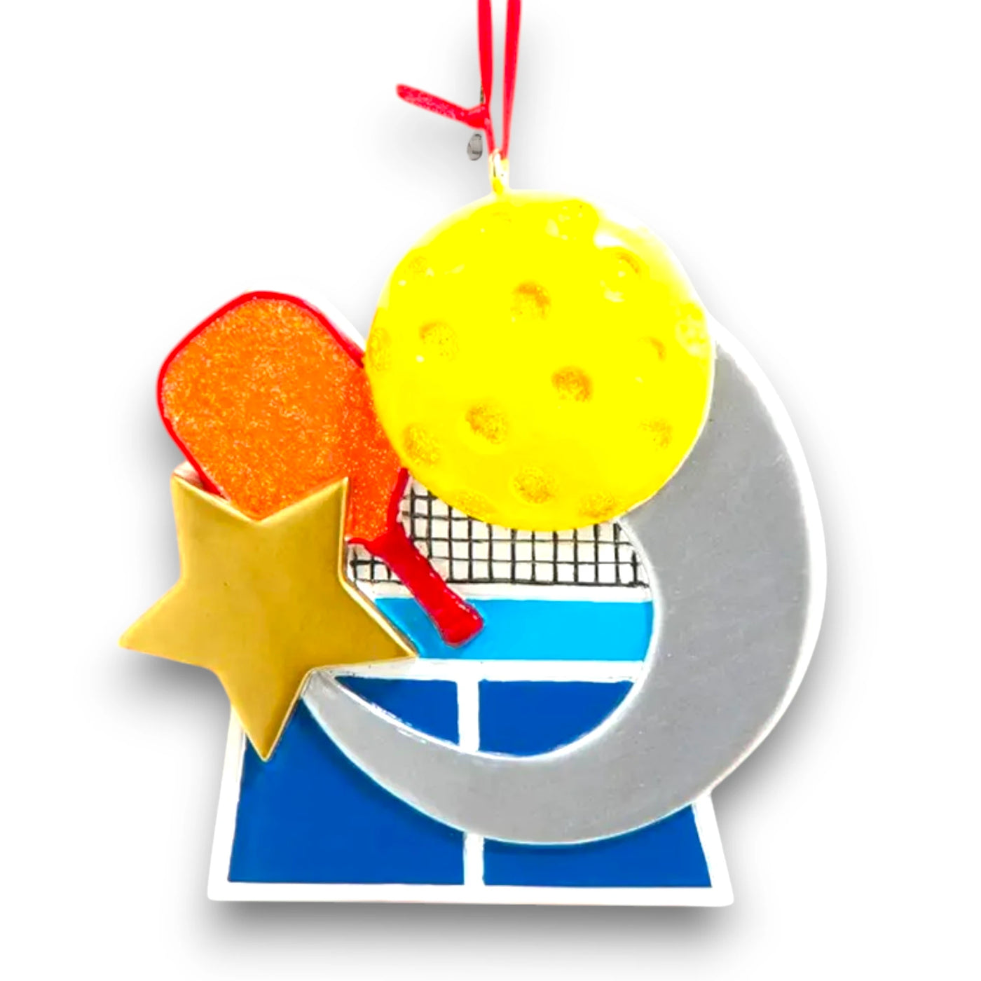 Personalized pickleball ornament featuring a paddle, yellow ball, and court graphic with customizable space for name and year.
