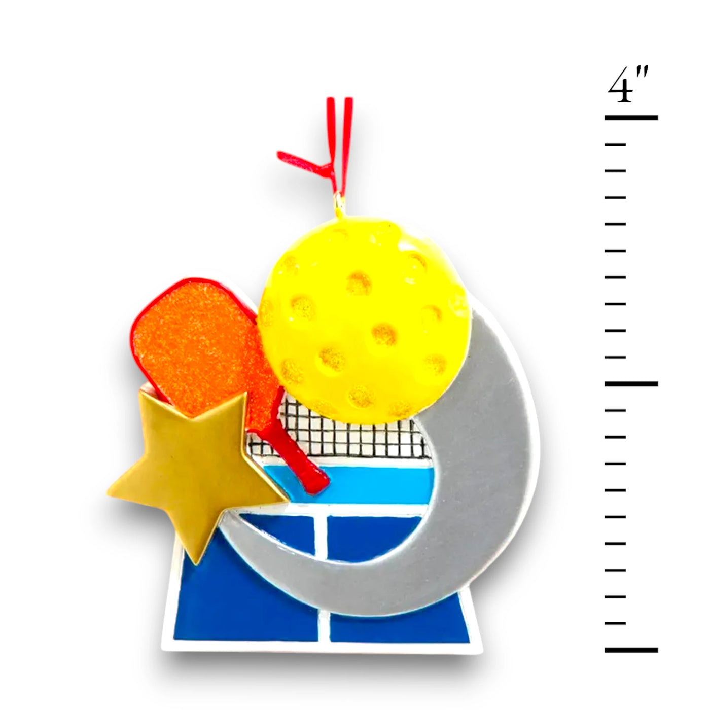 Personalized pickleball ornament featuring a paddle, yellow ball, and court graphic with customizable space for name and year.
