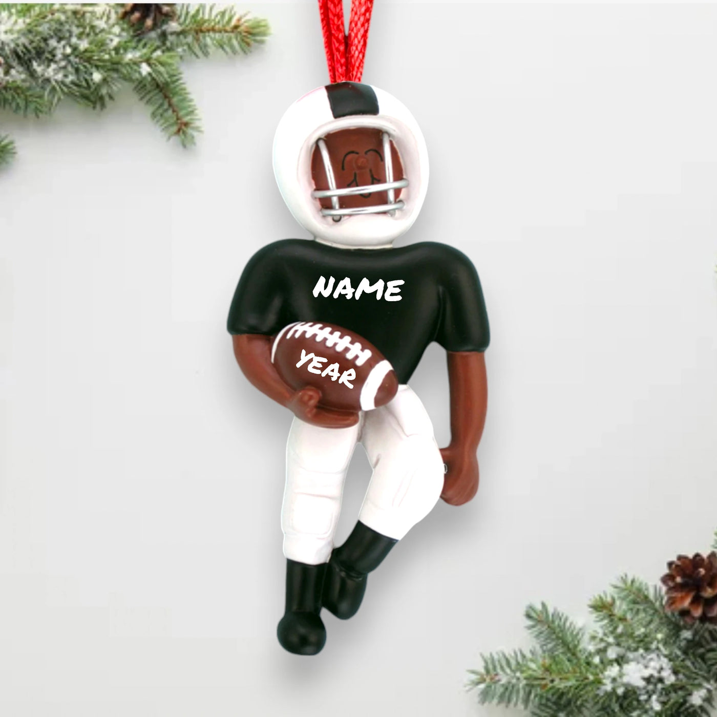 Personalized African American Football Player Ornament with Black and White Uniform, Name, and Year