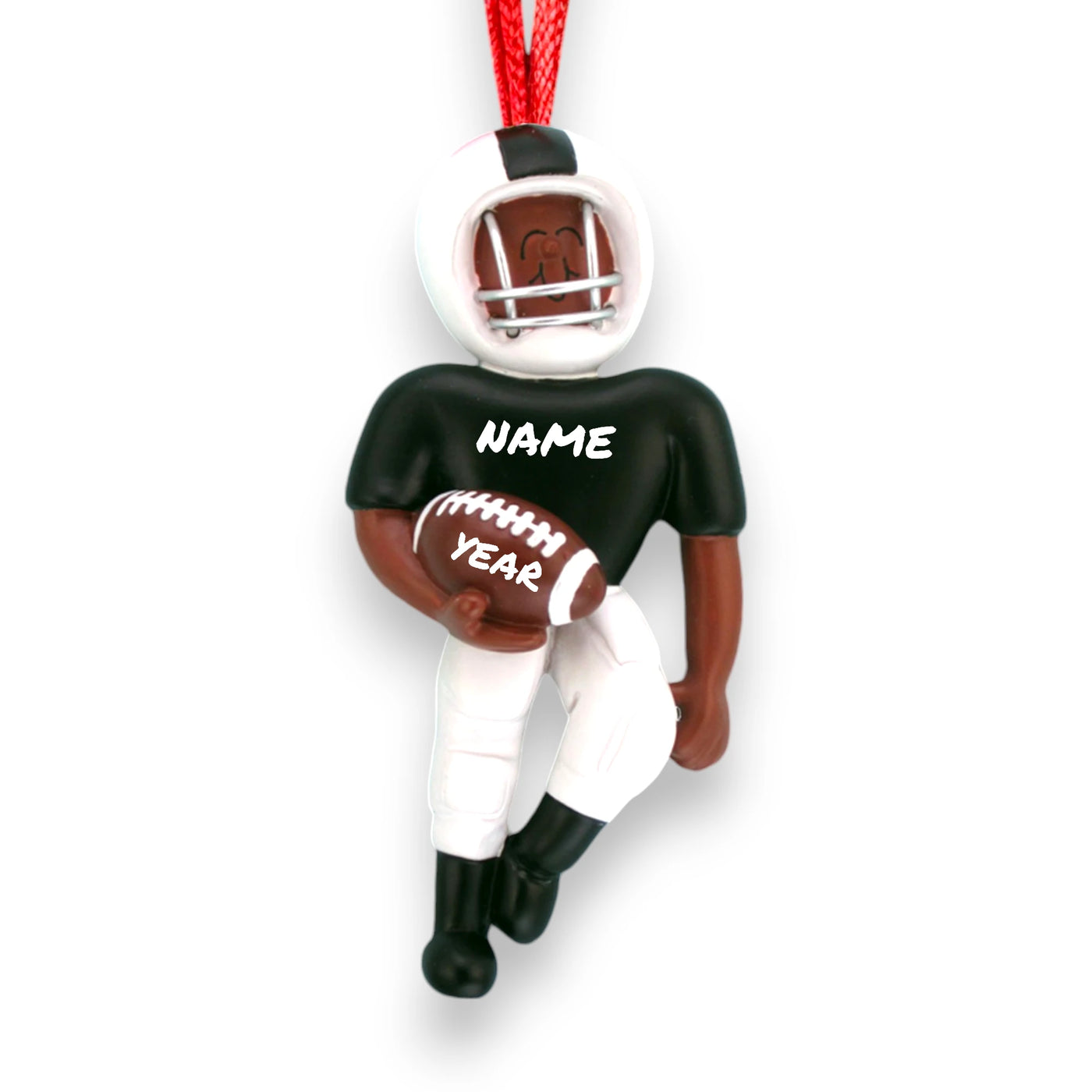 Personalized African American Football Player Ornament with Black and White Uniform, Name, and Year