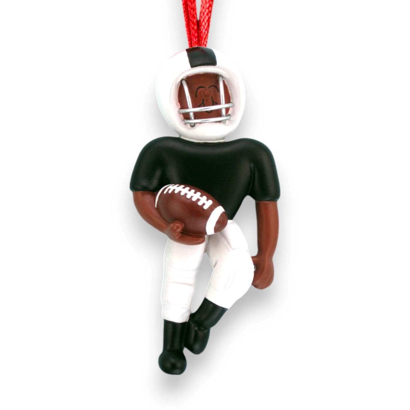 Personalized African American Football Player Ornament with Black and White Uniform, Name, and Year