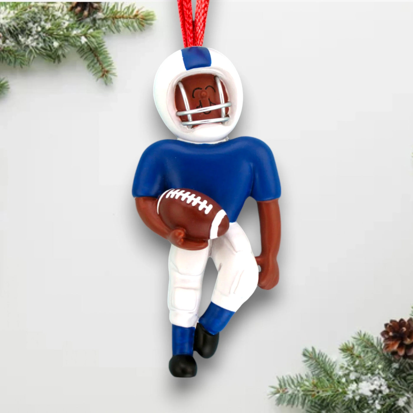 Personalized African American Football Ornament in Blue Uniform with Name and Year.

