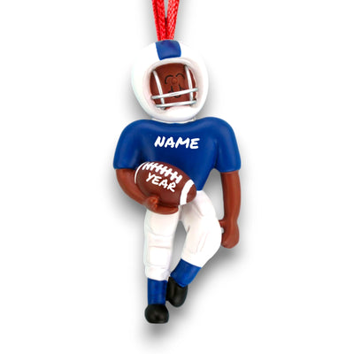 Personalized African American Football Ornament in Blue Uniform with Name and Year.

