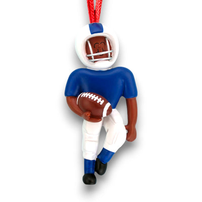 Personalized African American Football Ornament in Blue Uniform with Name and Year.

