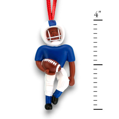 Personalized African American Football Ornament in Blue Uniform with Name and Year.

