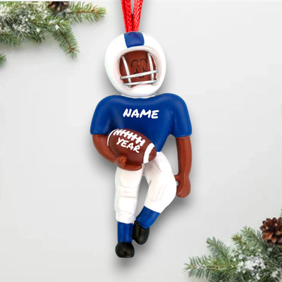 Personalized African American Football Ornament in Blue Uniform with Name and Year.

