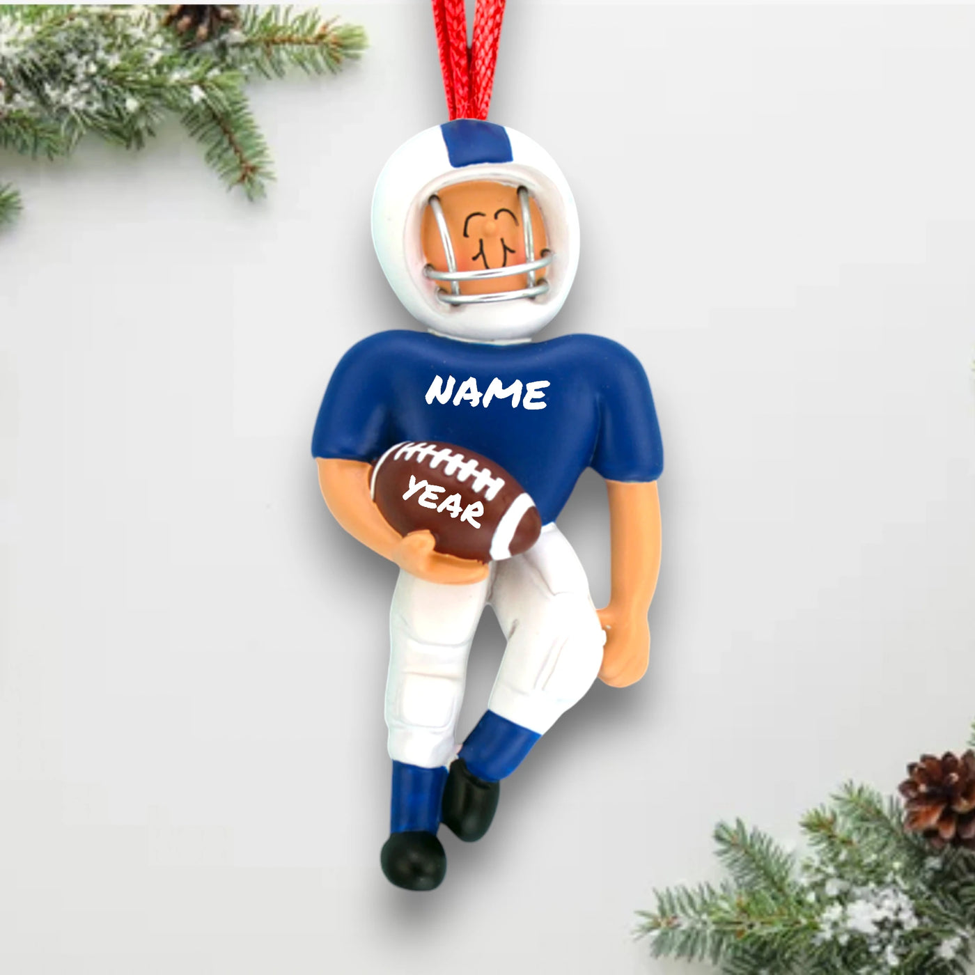 Personalized African American Football Ornament in Blue Uniform with Custom Name and Year