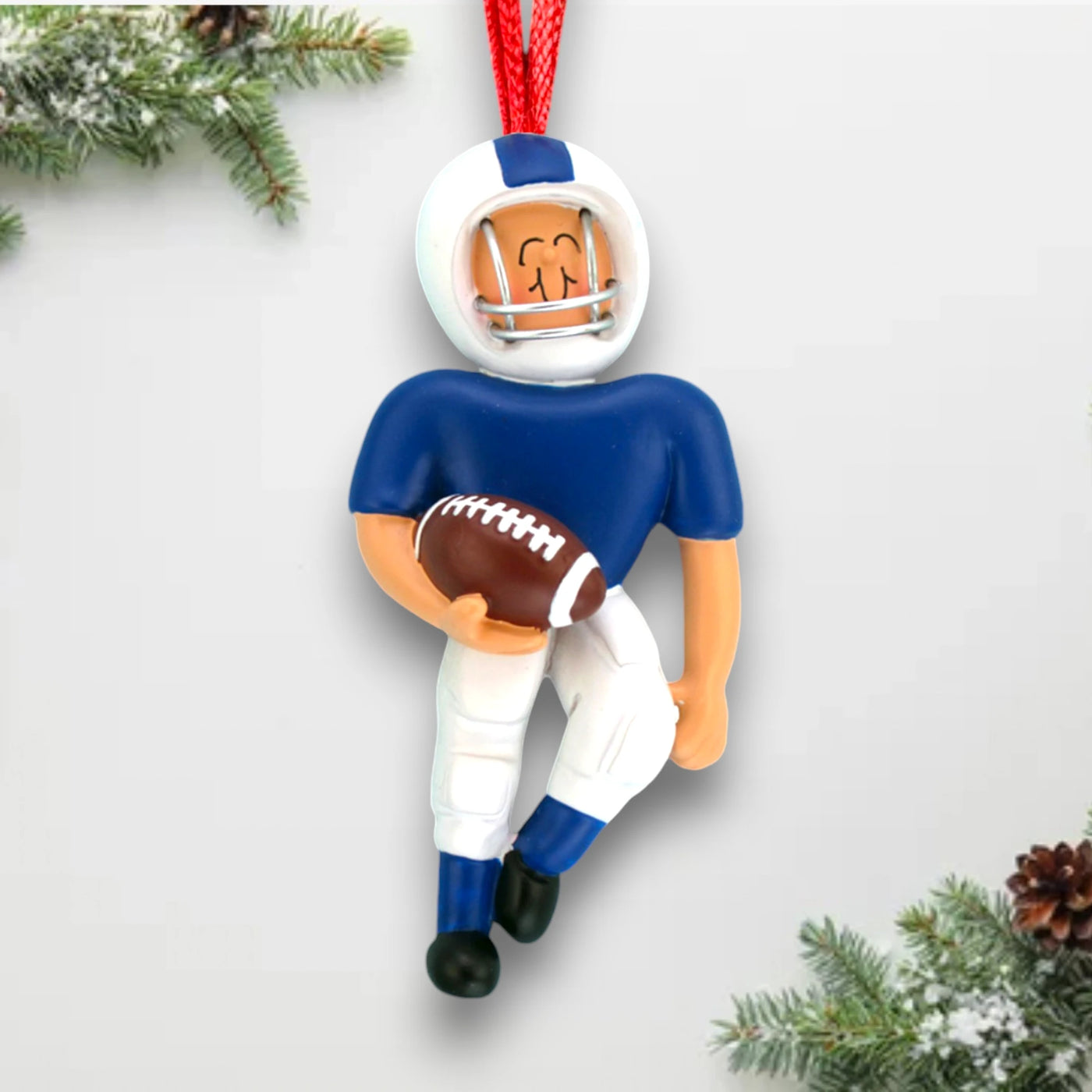 Personalized African American Football Ornament in Blue Uniform with Custom Name and Year