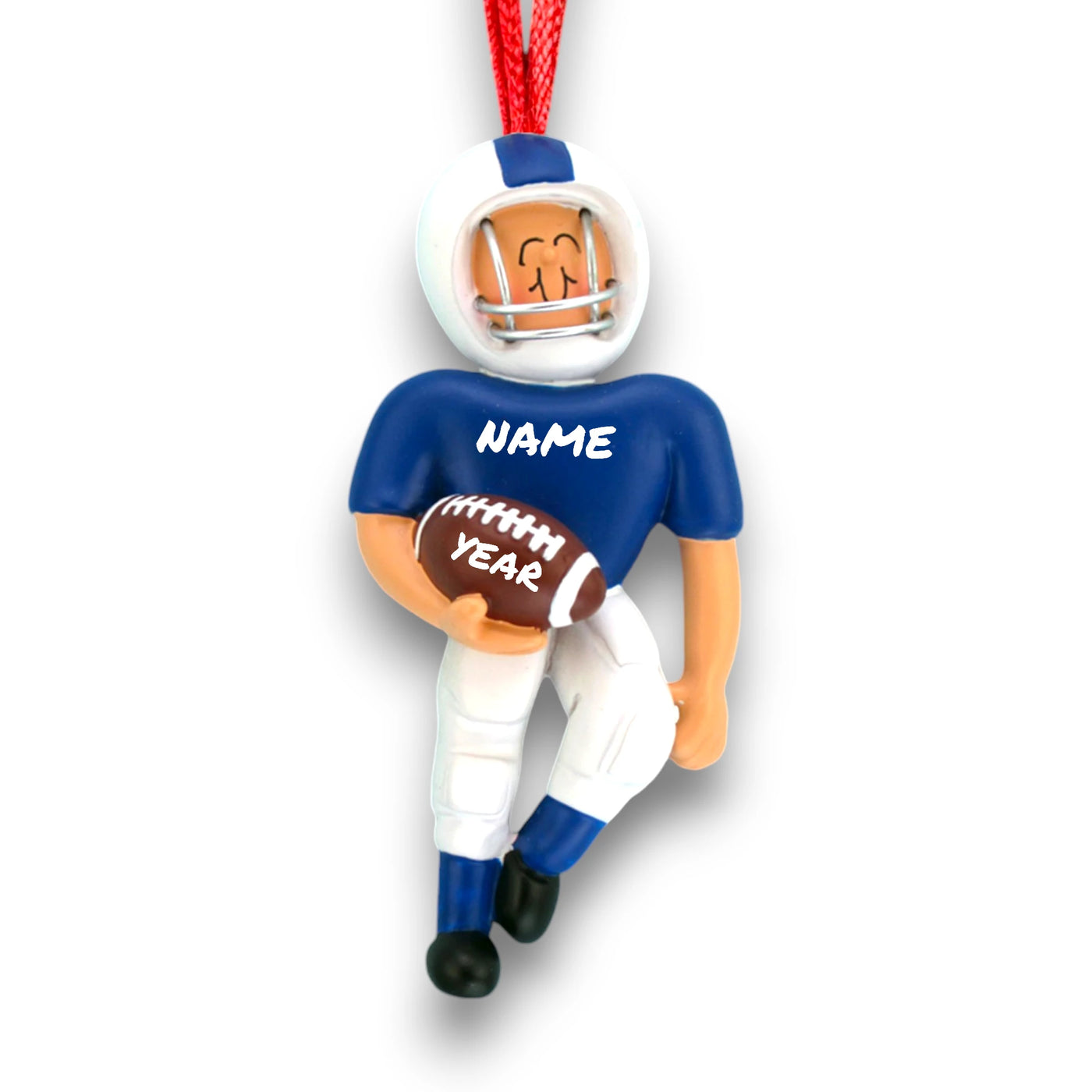 Personalized African American Football Ornament in Blue Uniform with Custom Name and Year