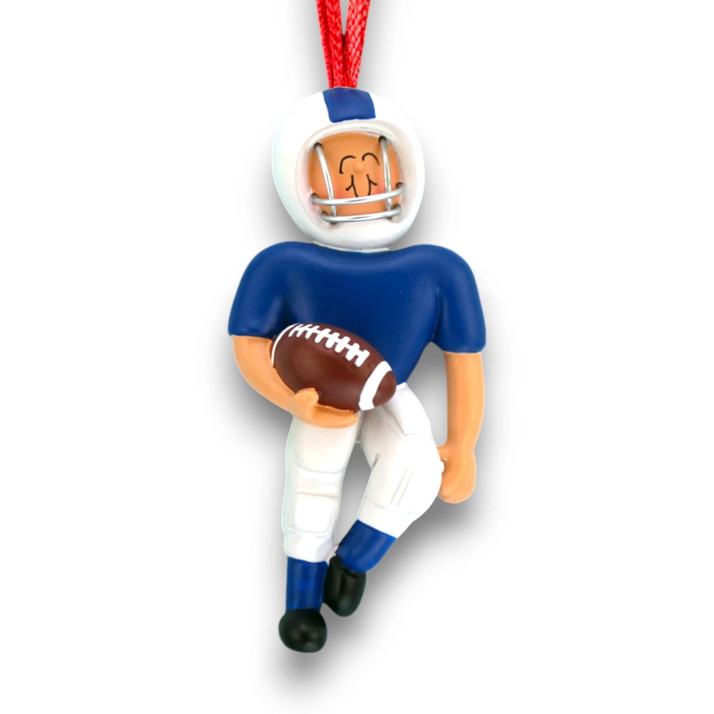 Personalized African American Football Ornament in Blue Uniform with Custom Name and Year