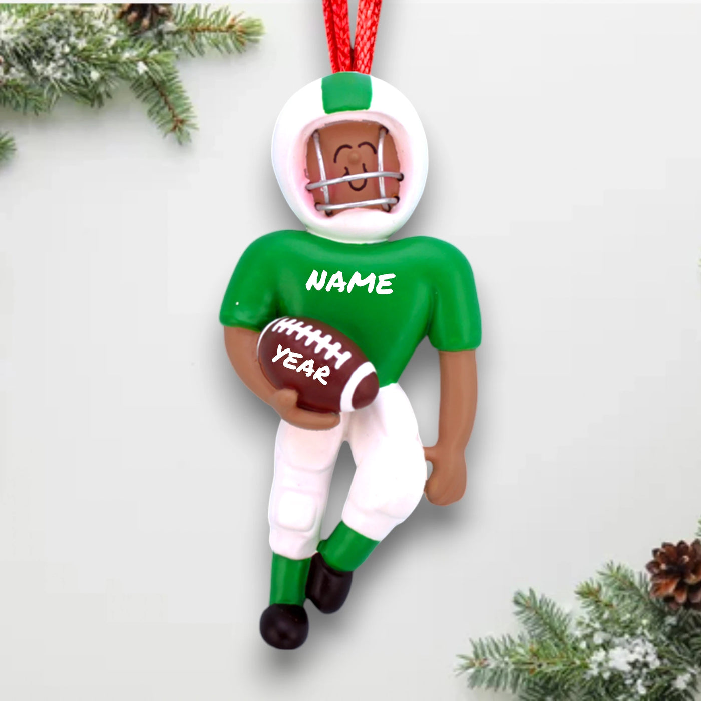 Personalized Green Football Player Ornament with Name and Year – African American Male Resin Ornament