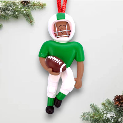 Personalized Green Football Player Ornament with Name and Year – African American Male Resin Ornament