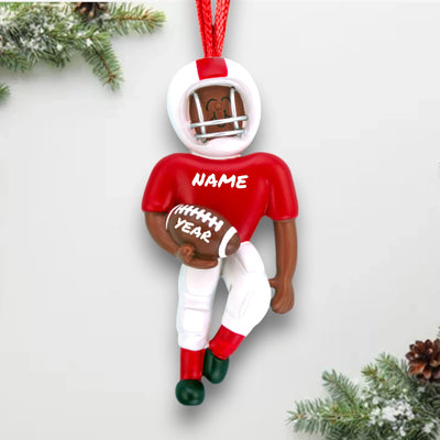 Personalized Football Player Red Uniform Ornament with Name and Year – African American Resin Christmas Ornament