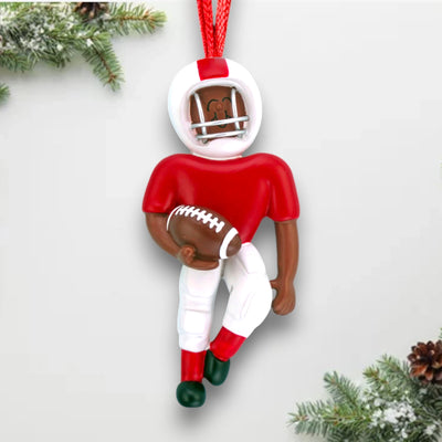 Personalized Football Player Red Uniform Ornament with Name and Year – African American Resin Christmas Ornament