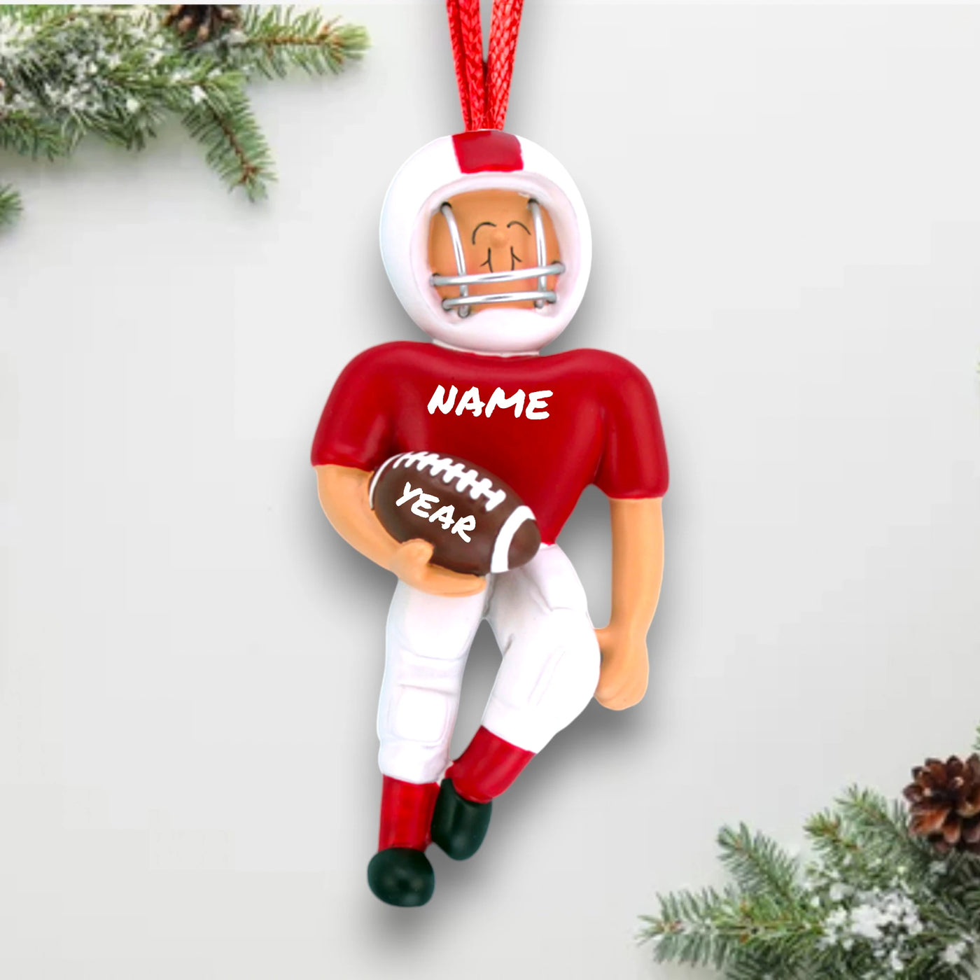 Personalized Red Football Player Ornament with Name and Year – Custom Resin Football Christmas Ornament