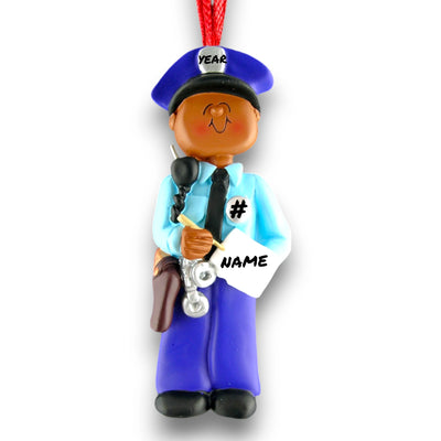 Personalized African American Police Officer Christmas Ornament – Custom Name, Year, and Badge Number Resin Ornament