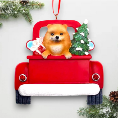 Personalized Pomeranian In Back Of Truck Christmas Ornament featuring a Pomeranian, festive Christmas tree, and holiday gifts in a red truck with customizable name and year.
