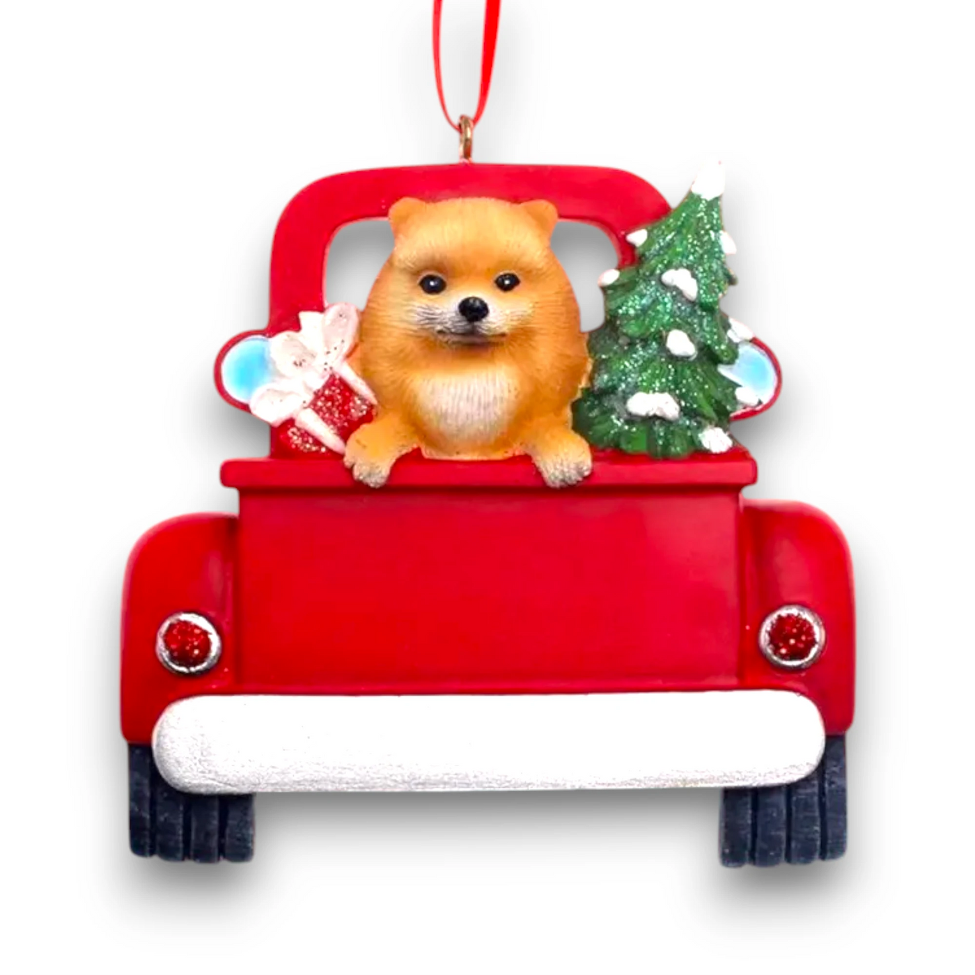 Personalized Pomeranian In Back Of Truck Christmas Ornament featuring a Pomeranian, festive Christmas tree, and holiday gifts in a red truck with customizable name and year.
