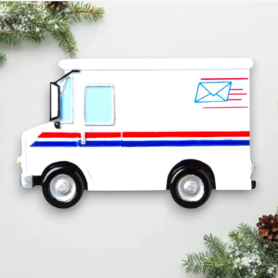 Personalized Postal Worker Christmas Ornament featuring a classic white postal delivery truck with red, white, and blue accents.