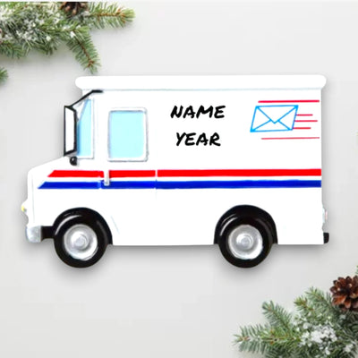 Personalized Postal Worker Christmas Ornament featuring a classic white postal delivery truck with red, white, and blue accents.