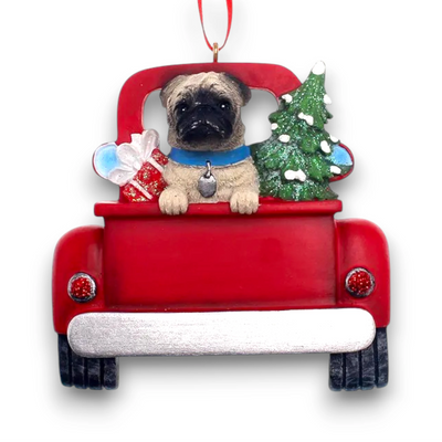 Personalized Pug In Back Of Truck Christmas Ornament featuring a pug, a Christmas tree, and gifts in a red truck with customizable name and year.