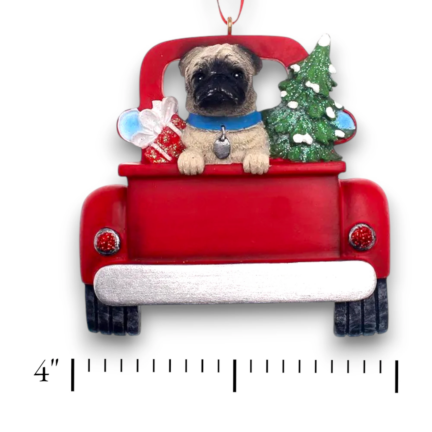 Personalized Pug In Back Of Truck Christmas Ornament featuring a pug, a Christmas tree, and gifts in a red truck with customizable name and year.