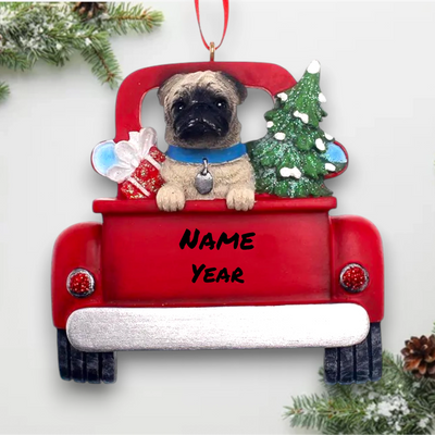 Personalized Pug In Back Of Truck Christmas Ornament featuring a pug, a Christmas tree, and gifts in a red truck with customizable name and year.