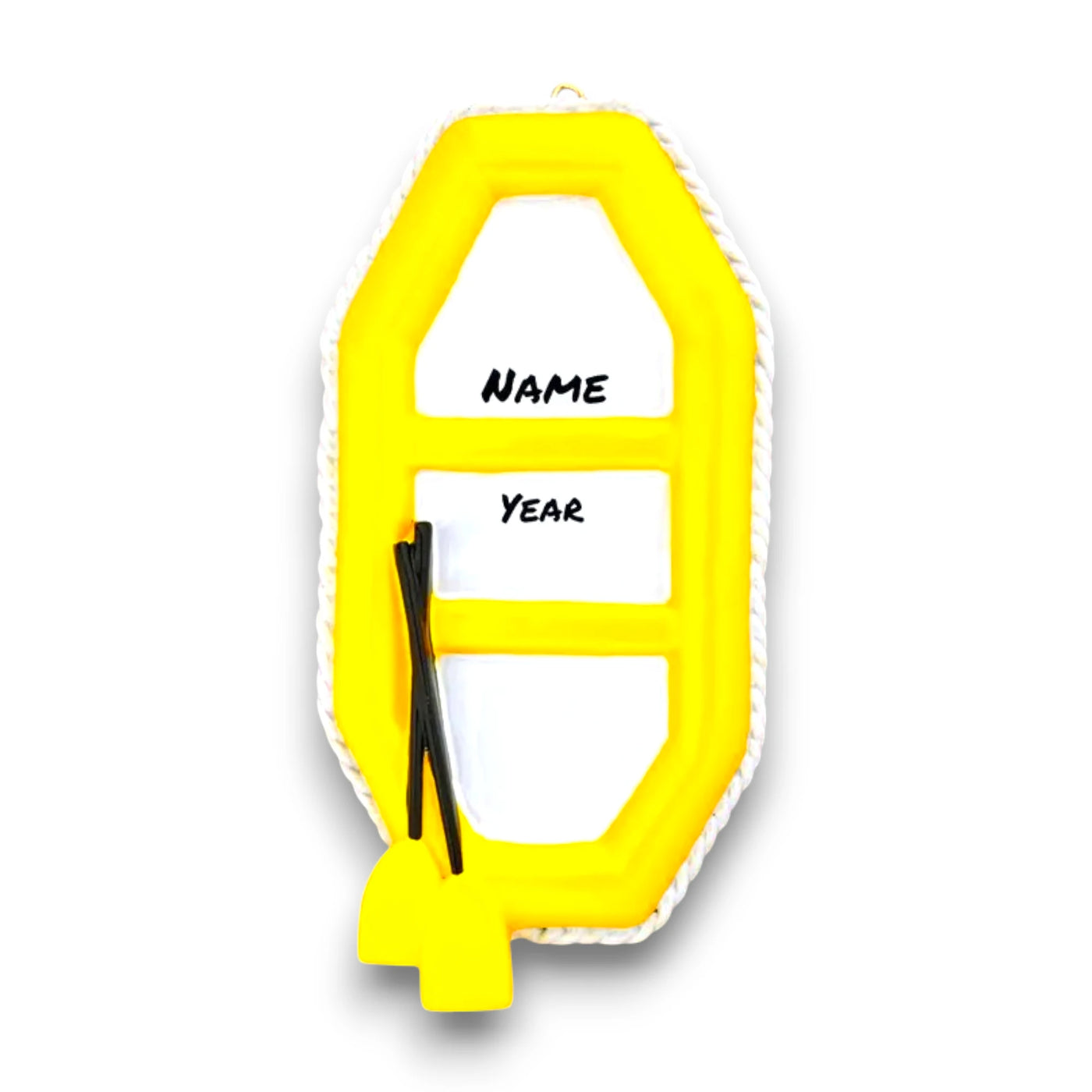 Personalized Raft Christmas Ornament featuring a yellow raft with paddles, customizable with a name and year.

