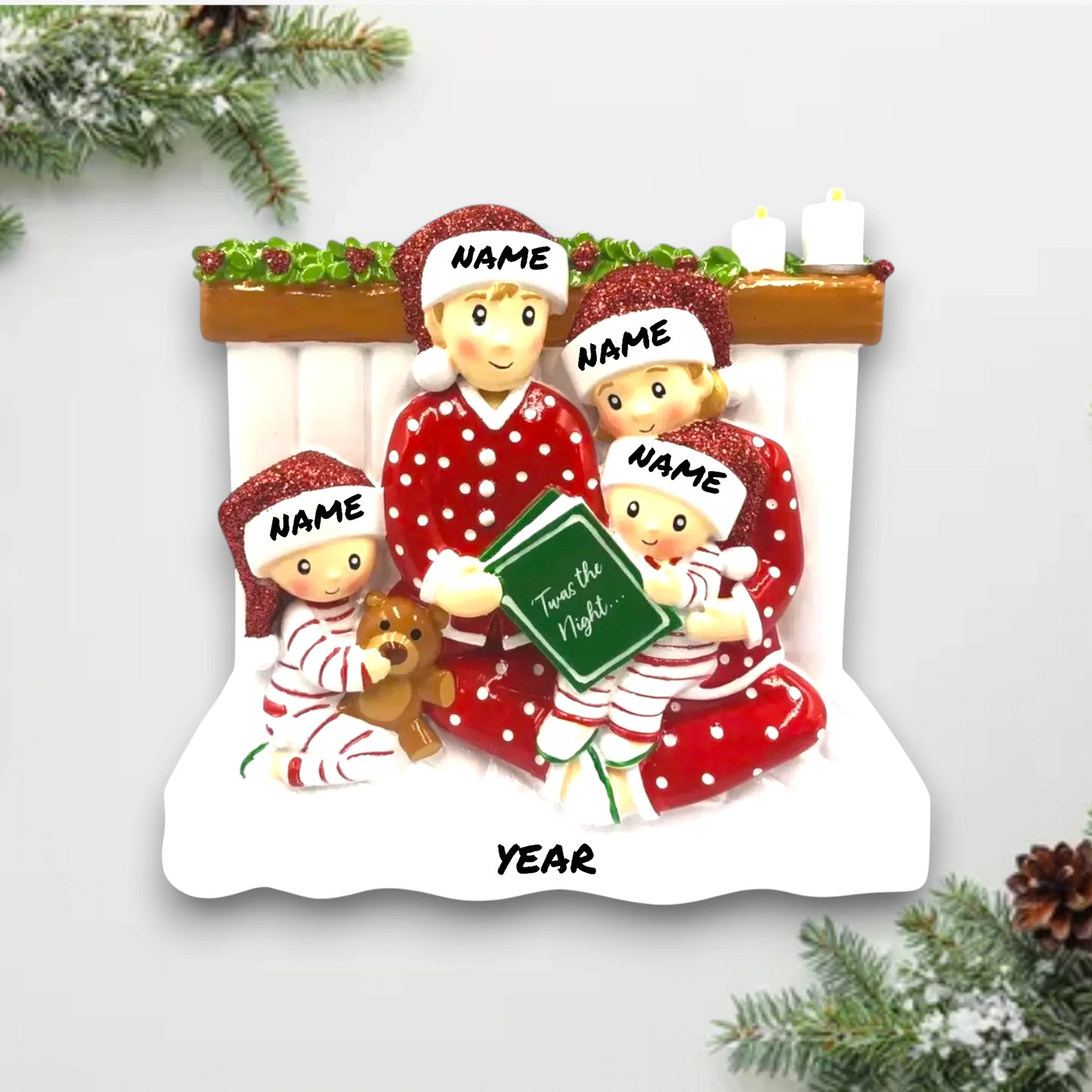  Personalized Reading In Bed Family of 4 Christmas Ornament with four family members in pajamas, holding a bedtime storybook, customizable with names and year.
