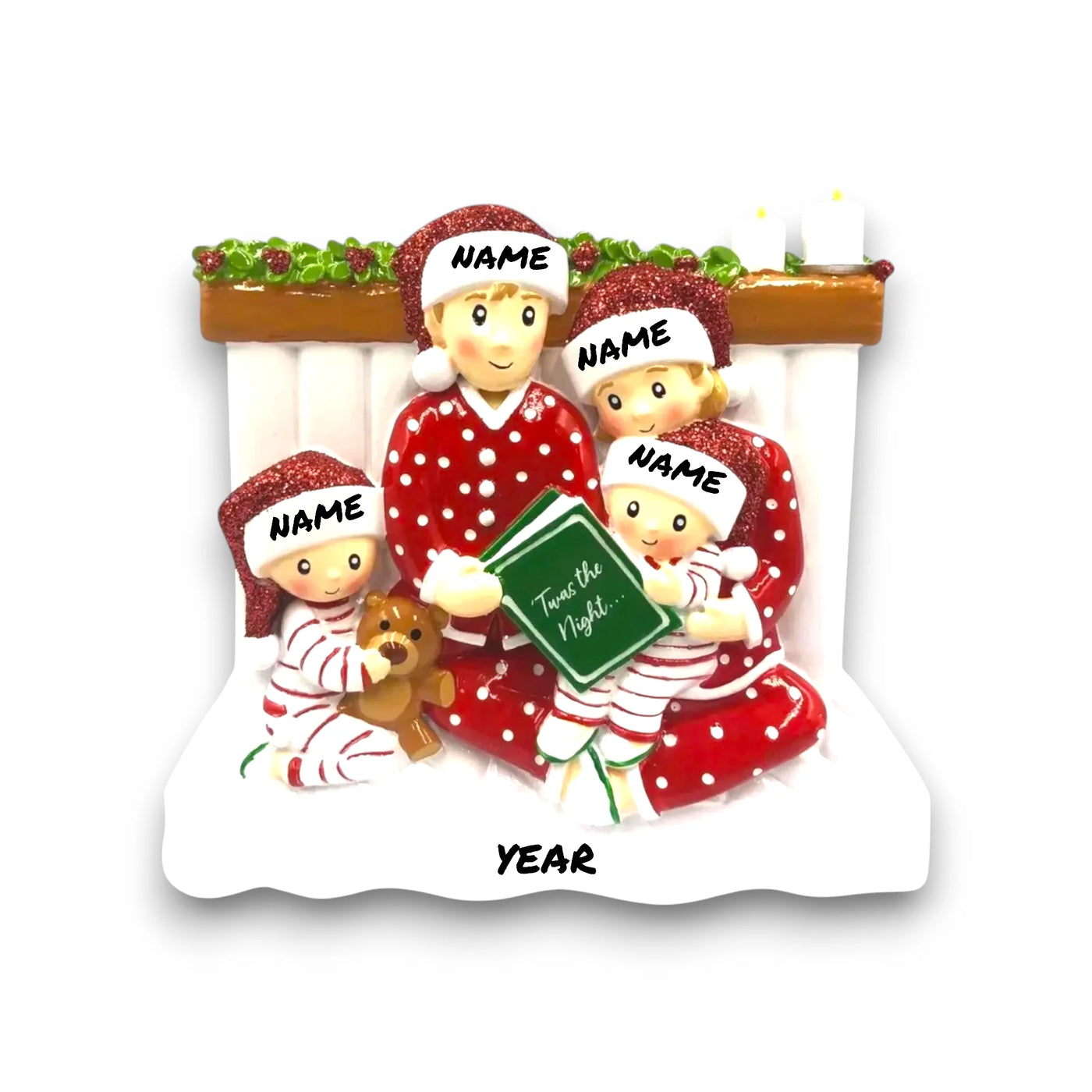  Personalized Reading In Bed Family of 4 Christmas Ornament with four family members in pajamas, holding a bedtime storybook, customizable with names and year.
