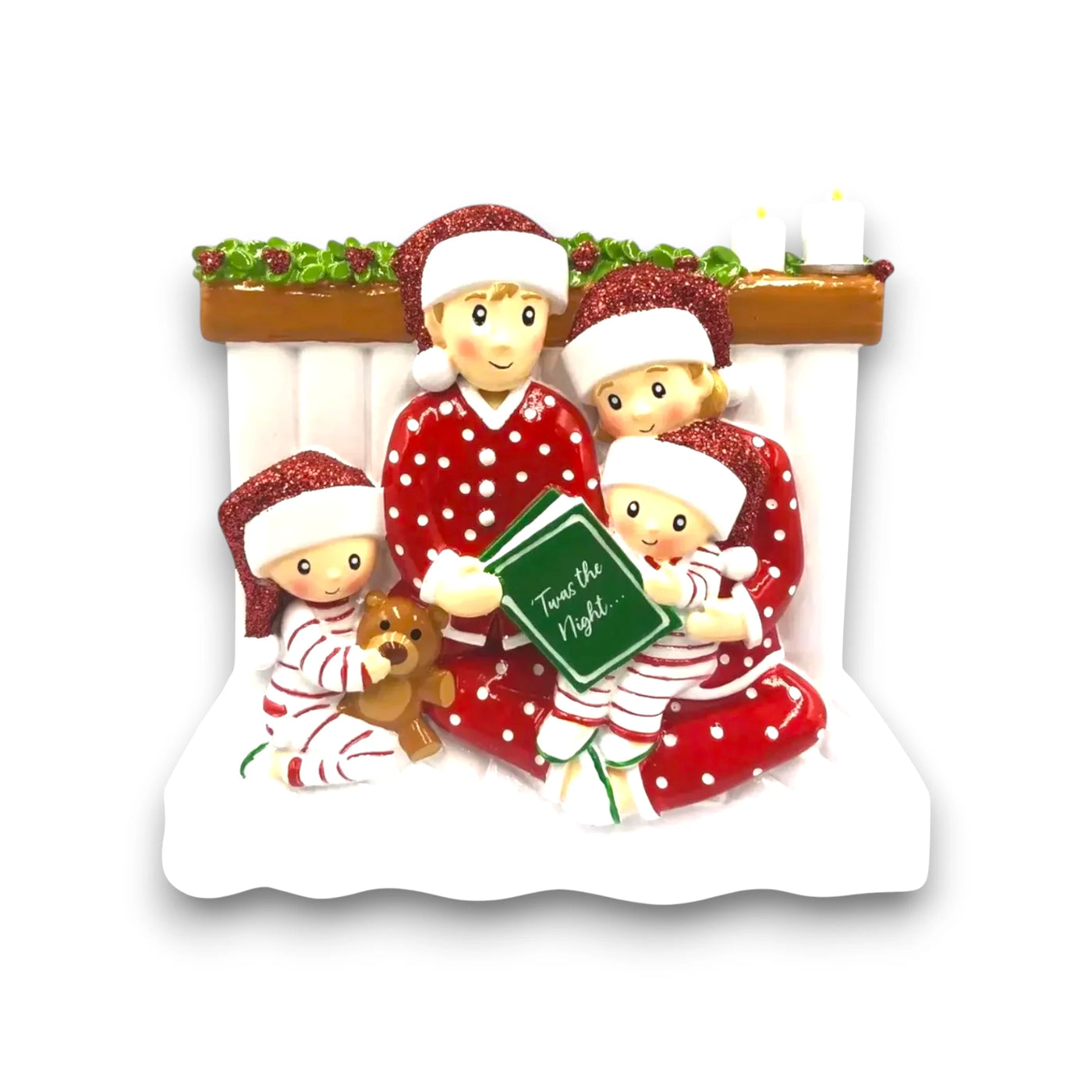  Personalized Reading In Bed Family of 4 Christmas Ornament with four family members in pajamas, holding a bedtime storybook, customizable with names and year.
