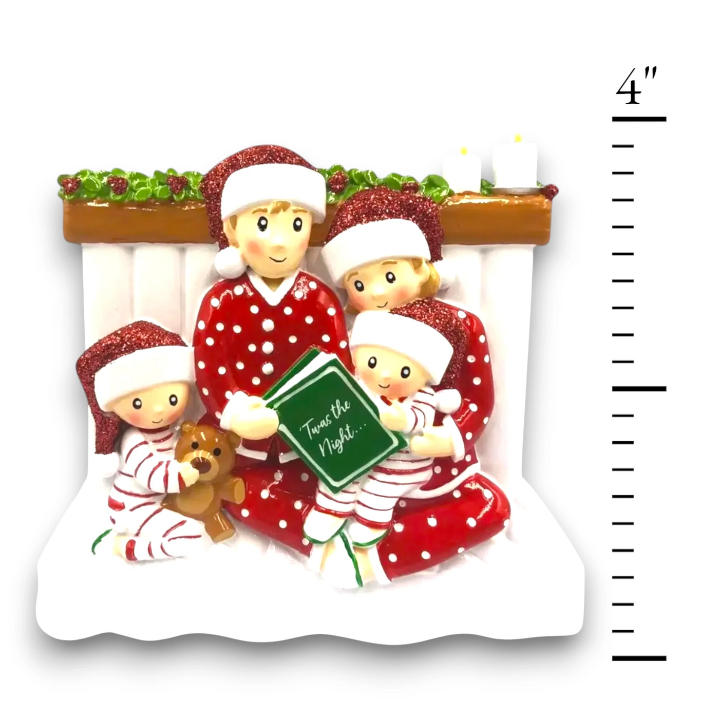  Personalized Reading In Bed Family of 4 Christmas Ornament with four family members in pajamas, holding a bedtime storybook, customizable with names and year.
