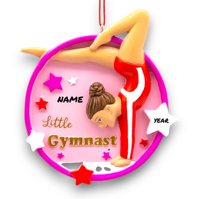 Personalized Little Gymnast Christmas Ornament featuring a gymnast in a red leotard, pink circular frame, and colorful star accents with customizable name and year.
