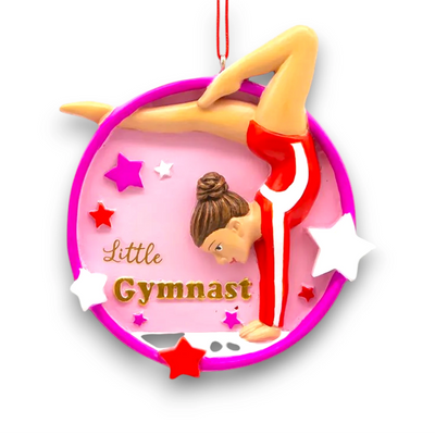 Personalized Little Gymnast Christmas Ornament featuring a gymnast in a red leotard, pink circular frame, and colorful star accents with customizable name and year.
