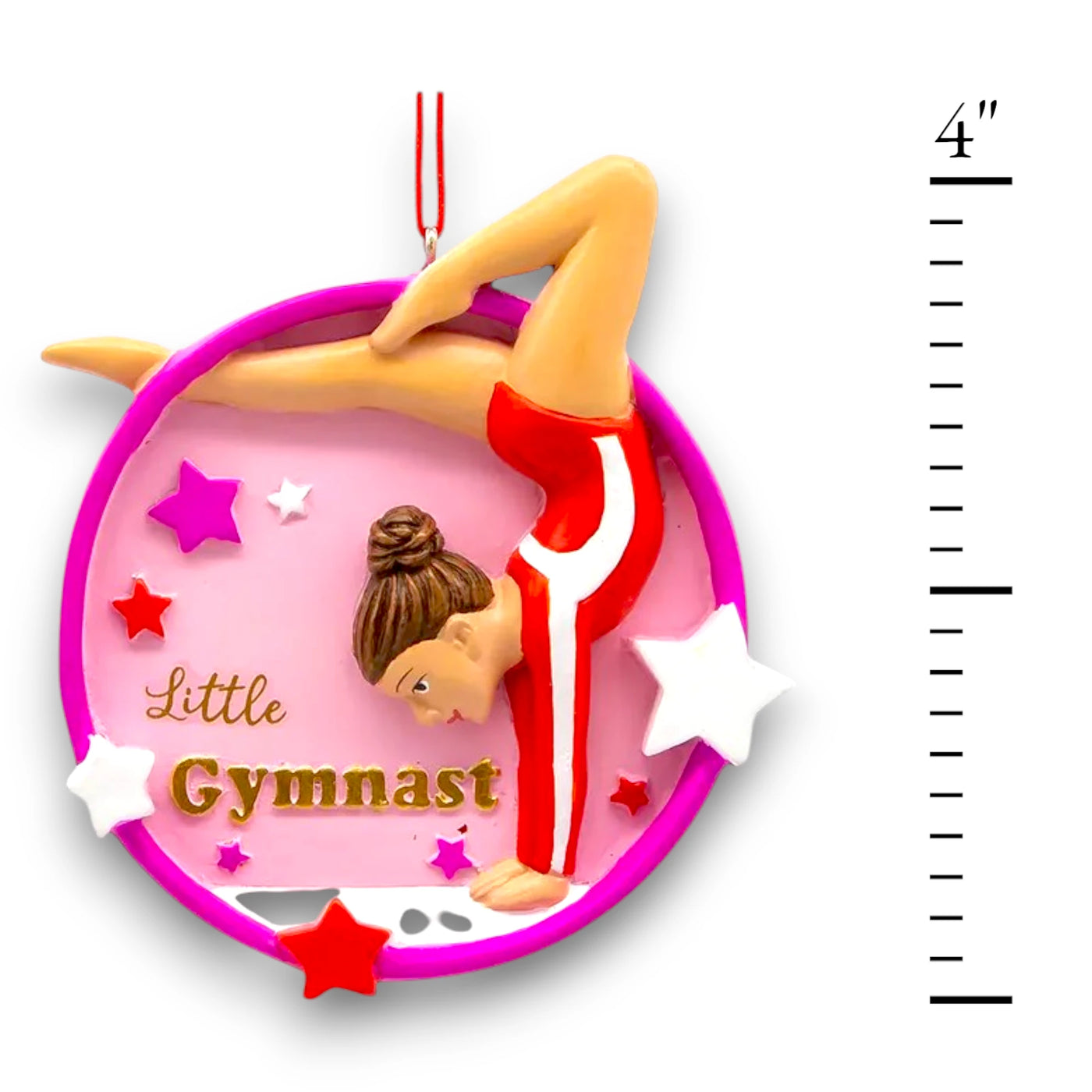 Personalized Little Gymnast Christmas Ornament featuring a gymnast in a red leotard, pink circular frame, and colorful star accents with customizable name and year.
