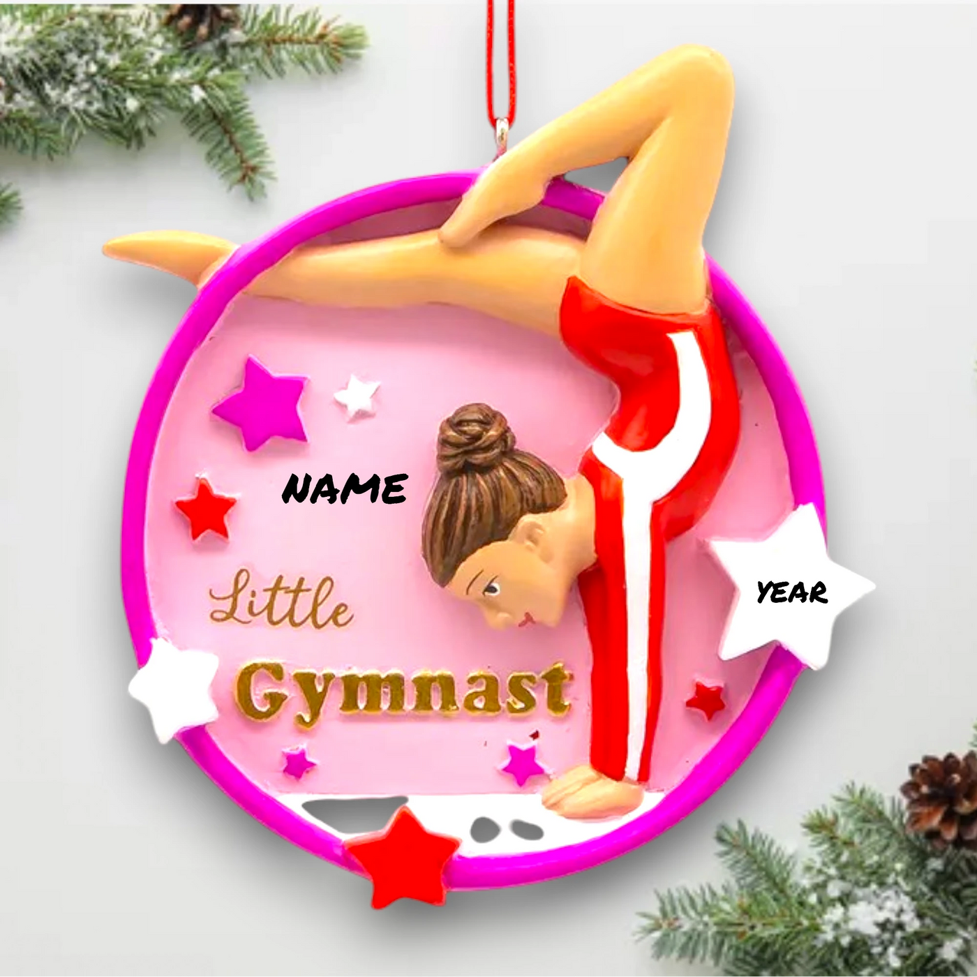 Personalized Little Gymnast Christmas Ornament featuring a gymnast in a red leotard, pink circular frame, and colorful star accents with customizable name and year.
