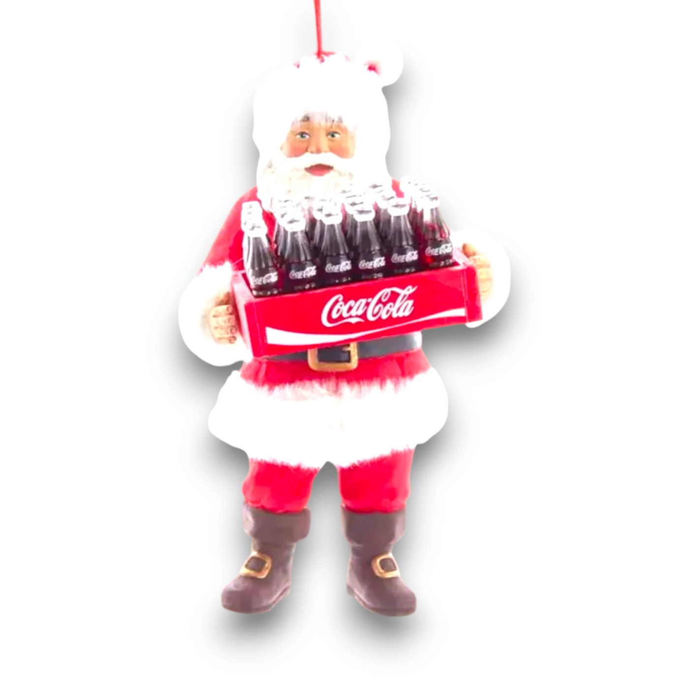 Personalized Santa Holding Case of Coke Christmas Ornament featuring Santa Claus carrying a Coca-Cola bottle case with customizable options for name and year.
