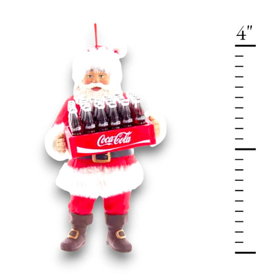 Personalized Santa Holding Case of Coke Christmas Ornament featuring Santa Claus carrying a Coca-Cola bottle case with customizable options for name and year.
