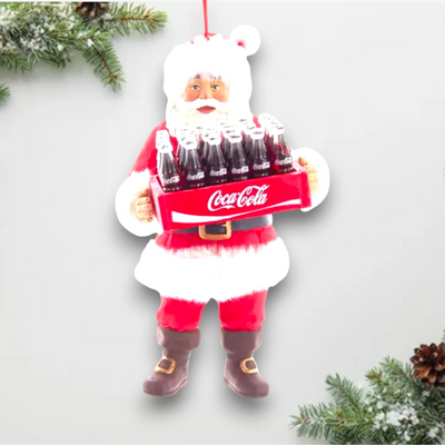 Personalized Santa Holding Case of Coke Christmas Ornament featuring Santa Claus carrying a Coca-Cola bottle case with customizable options for name and year.
