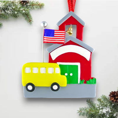 Personalized School Bus Christmas Ornament with Red Schoolhouse – Custom Name and Year Resin Ornament